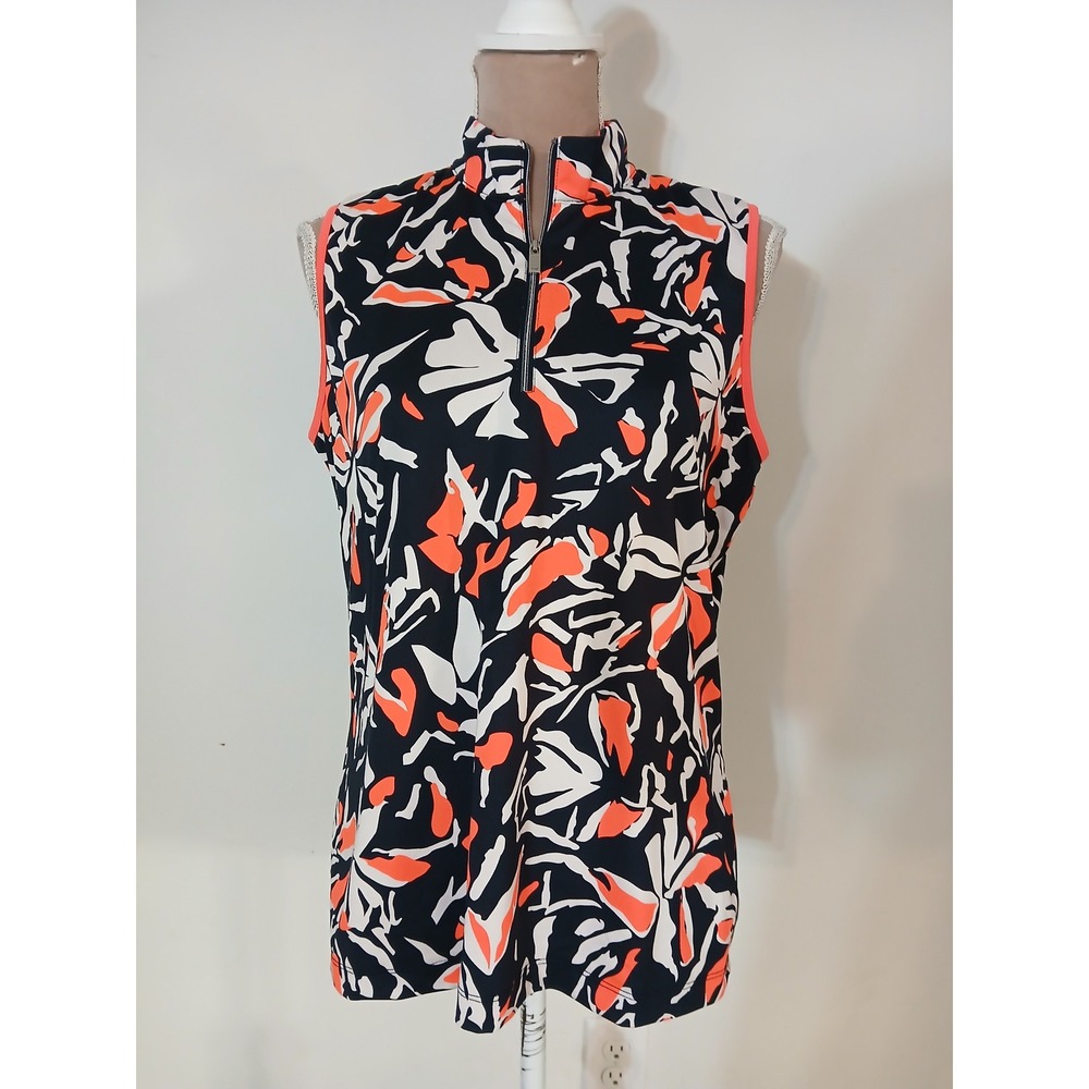 Tail White Label Womens Golf Top Large Navy Orange Floral Quarter Zip Sleeveless